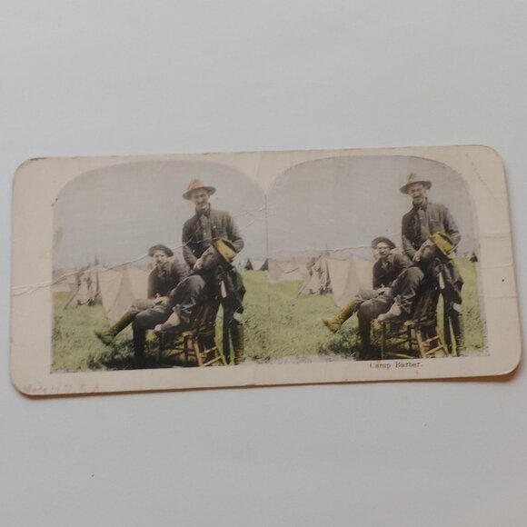 Antique Stereograph Card "Camp Barber" Troops Military World War - Picture 1 of 3